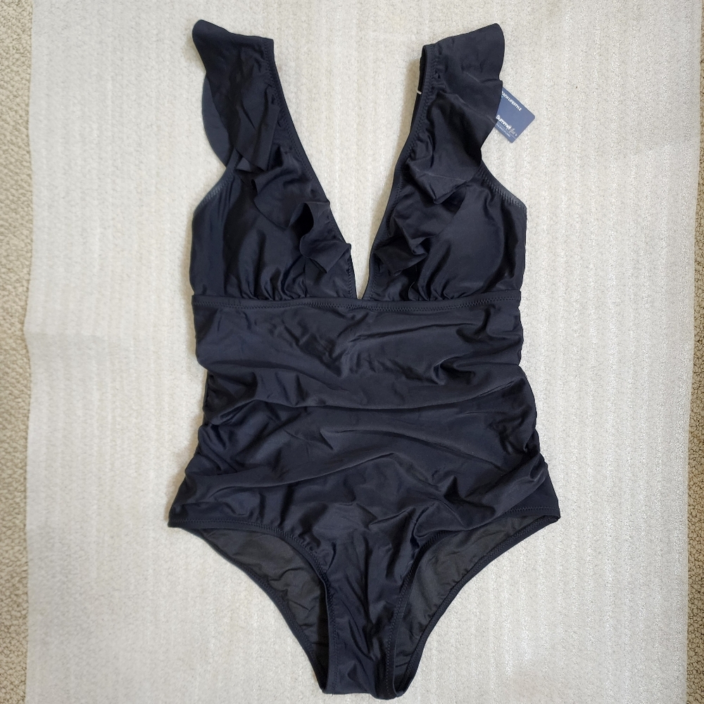 NWT Black Ruffled One Piece Swimsuit Lace up Tummy Control Swimsuit Medium